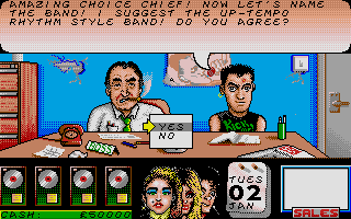 Rock Star Ate My Hamster (Atari ST) screenshot: Time to name the band. Where does Clive get all his ideas from?