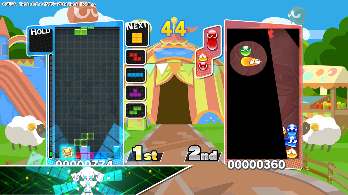 Puyo Puyo Tetris (PlayStation 4) screenshot: Party mode, which adds powerups to the playfield