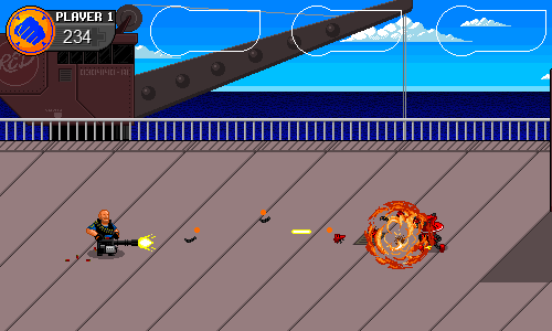 Team Fortress Arcade (Windows) screenshot: "Heavy" mowing down some robots