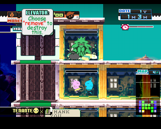 One Piece Mansion (PlayStation) screenshot: Every stage there's a couple of new types of tenants. This green guy is certainly not one of the easier ones to deal with.