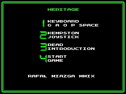 Heritage (ZX Spectrum) screenshot: Main menu