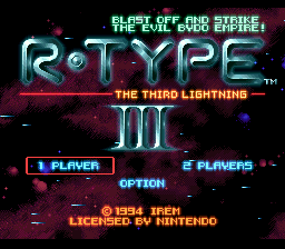 R-Type III: The Third Lightning (SNES) screenshot: Title Screen (Blast off and strike the evil Bydo Empire!)