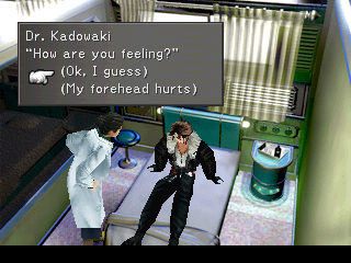 Final Fantasy VIII (PlayStation) screenshot: Squall wakes up after heavy injury and immediately has to answer questions. Just leave a guy alone...