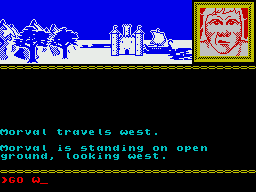 Runestone (ZX Spectrum) screenshot: Moving over the meadow and closer to the castle