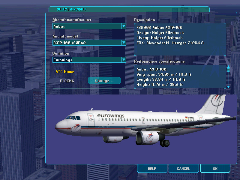 Commuter Airliners: Eurowings Professional (Windows) screenshot: A-319 in Eurowings livery. There are nine different airline liveries included for this aircraft.