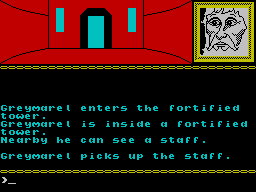 Runestone (ZX Spectrum) screenshot: Greymarel finds a staff