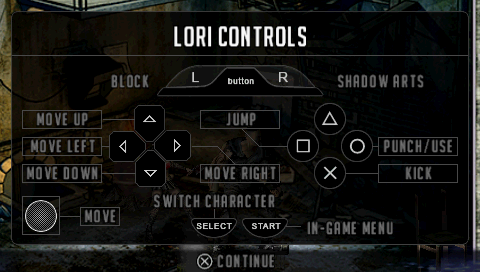 Unbound Saga (PSP) screenshot: Lori's control settings.