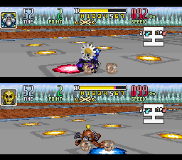 Saban's Power Rangers Zeo: Battle Racers (SNES) screenshot: King Mondo and Cog Soldier disputing to know who's the best in this challenge (2P Point Race mode)!