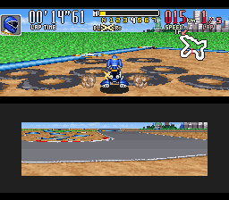 Saban's Power Rangers Zeo: Battle Racers (SNES) screenshot: Blue Ranger's Time Trial session - Suddenly, the Zeo Ranger 3 crashes into a tire-based protection.