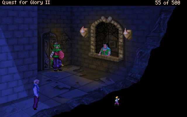 Quest for Glory II: Trial by Fire (Windows) screenshot: The Moneychanger at night. However, for me night sceneries are an EGA thing. In VGA places lose a lot of color and detail at night - maybe it's realistic, but not so lush...