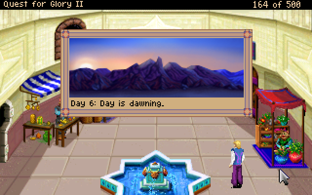 Quest for Glory II: Trial by Fire (Windows) screenshot: Morning and evening time bars look the best - and just look, "the day is dawning" and Katta merchants are already out with their stands.