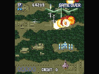 Sonic Wings Special (PlayStation) screenshot: Different route: Teotihuacan, Mexico. Getting a Jungle Strike vibe here...