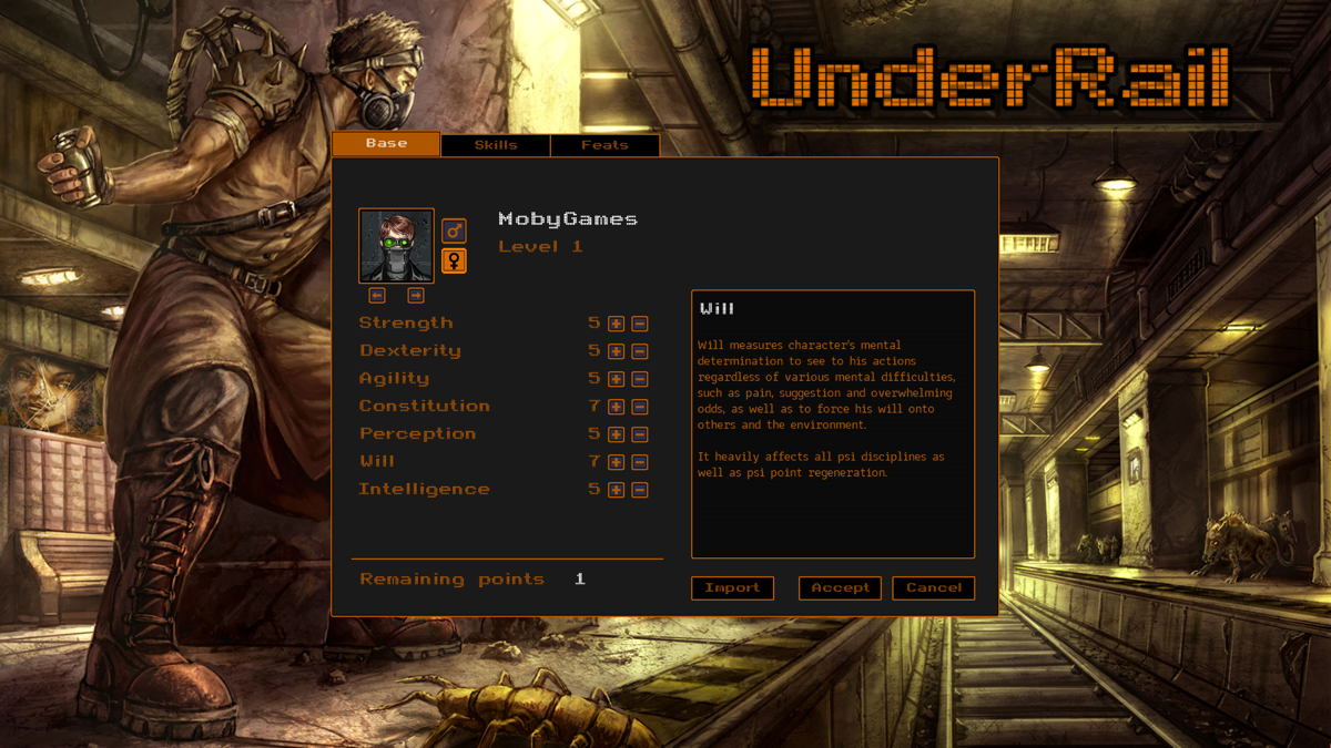 UnderRail (Windows) screenshot: Character creation at the beginning of the game