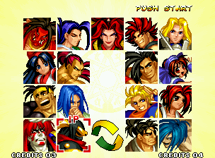 Samurai Shodown IV: Amakusa's Revenge (Neo Geo) screenshot: Character selection: some classic fighters return with all-new designs (as well as 2 all-new ones).