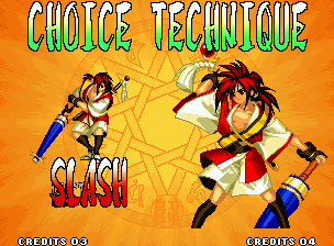 Samurai Shodown IV: Amakusa's Revenge (Neo Geo) screenshot: Choose a technique mode: you can pick among a normal "SLASH" version or a alternative "BUST" style.