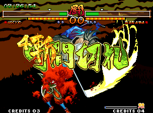 Samurai Shodown V Special (Neo Geo) screenshot: Ukyo Tachibana's super move Tsubame Rokuren was successfully executed... but the bout time finished!