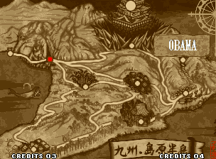 Samurai Shodown IV: Amakusa's Revenge (Neo Geo) screenshot: The map screen will indicate the next stage where you'll battle.