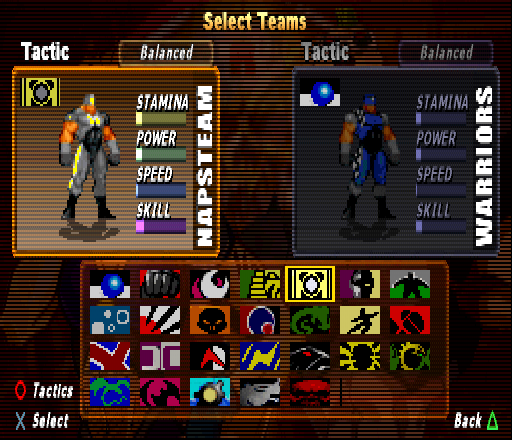Rageball (PlayStation) screenshot: Single match mode. Select teams.