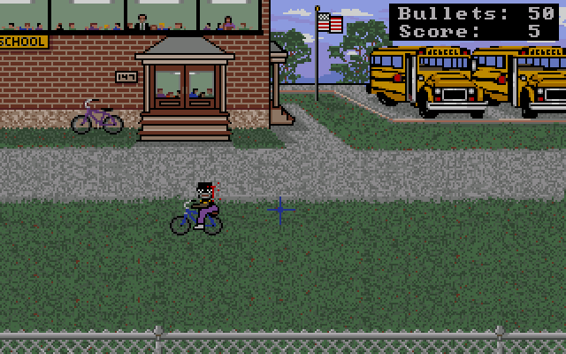 Schoolyard Slaughter (Amiga) screenshot: Cyclist takes a shot to the head.