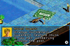 Scooby Doo (Game Boy Advance) screenshot: Talking with the hotel guests
