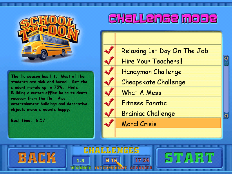 School Tycoon (Windows) screenshot: Beginner Challenges you can complete. When completed, you can see your best time
