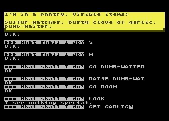 Scott Adams' Graphic Adventure #5: The Count (Atari 8-bit) screenshot: The game switches between illustrated and text modes.
