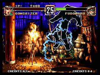 Voltage Fighter Gowcaizer (Neo Geo) screenshot: A dirty ninja trick: He electrocuted me.