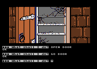 Scott Adams' Graphic Adventure #5: The Count (Atari 8-bit) screenshot: Not much on these shelves...or is there?