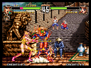 Voltage Fighter Gowcaizer (Neo Geo) screenshot: Hey! I thought this was a one-on-one competition.