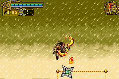 The Scorpion King: Sword of Osiris (Game Boy Advance) screenshot: It's raining in the desert and the wind is blowing to the contrary direction. You still have to jump some obstacles, etc.