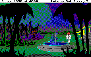 Leisure Suit Larry III: Passionate Patti in Pursuit of the Pulsating Pectorals (Amiga) screenshot: Water fountain outside the hotel