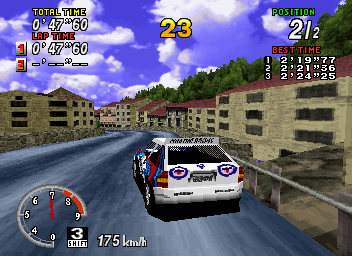 SEGA Rally Championship (SEGA Saturn) screenshot: Those houses are catastrophically not to scale... either that or you are racing in the Shire!