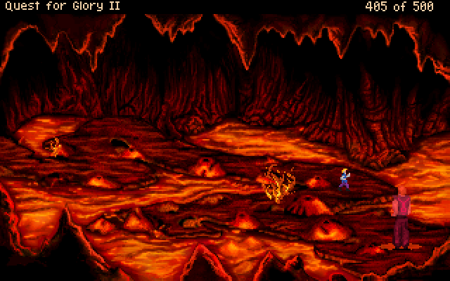 Quest for Glory II: Trial by Fire (Windows) screenshot: This place was already very interesting in the original. Now it's quite similar and yet different because VGA allows orange hues - something quite missing in EGA.