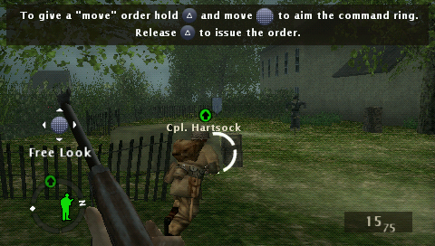 Brothers in Arms: D-Day (PSP) screenshot: Issuing an order to Cpl. Hartsock