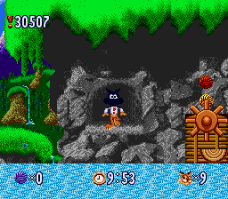 Bubsy in: Claws Encounters of the Furred Kind (SNES) screenshot: Transporting using a secret passageway