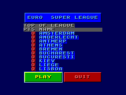 Sensible Soccer: European Champions (SEGA Master System) screenshot: Beginning a Euro Super League