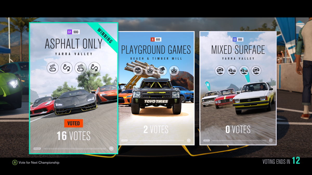 Forza Horizon 3 (Xbox One) screenshot: Players voting for the next online championship.