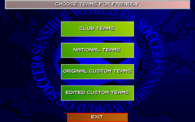 Sensible World of Soccer (DOS) screenshot: Here are the types of teams available. Don't forget you can make your own teams.