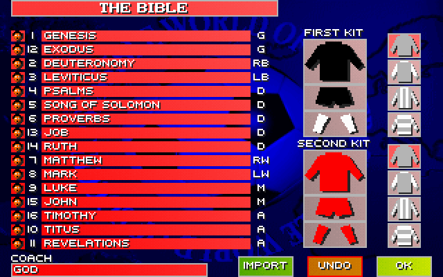 Sensible World of Soccer (DOS) screenshot: There's some really crazy custom teams already included in the game such as this one based on The Bible!