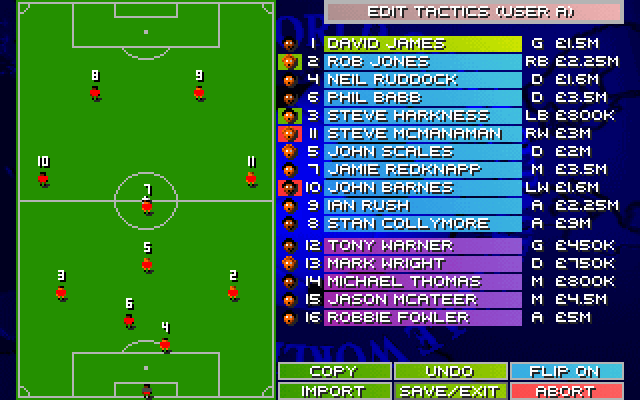 Sensible World of Soccer (DOS) screenshot: Editing a team's tactics.