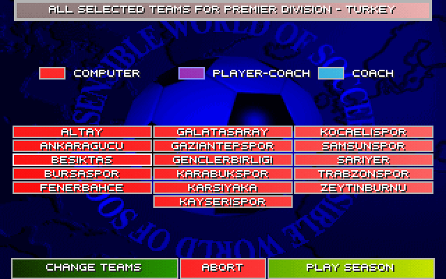 Sensible World of Soccer (DOS) screenshot: Each country also has teams from which you can choose to play a season with.