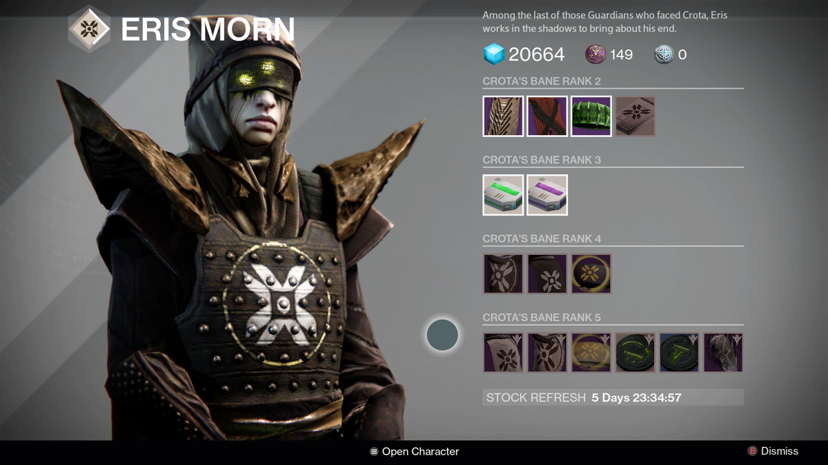Destiny: Expansion I - The Dark Below (Xbox One) screenshot: Eris Morn has arrived at the tower. She offers missions, bounties and gear related to the "Dark Below".
