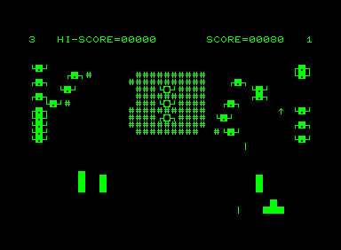 Cosmic Jailbreak (Commodore PET/CBM) screenshot: My bunkers are nearly gone