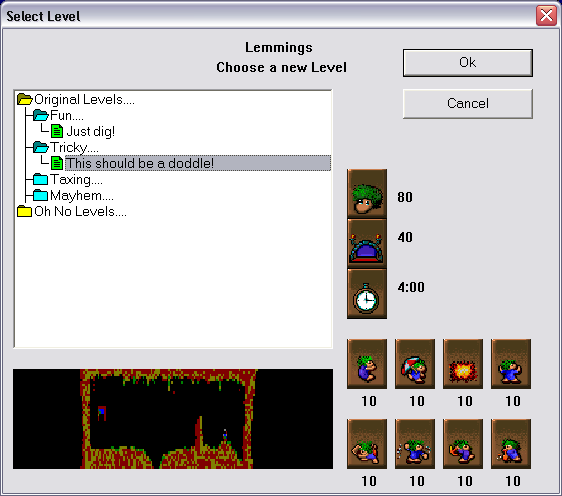Lemmings for Windows 95 & Lemmings Paintball (Windows) screenshot: You may start from the beginning or from the last completed (for each difficulty).