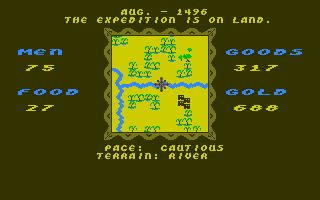 The Seven Cities of Gold (Amiga) screenshot: Traveling down a river near jungle.