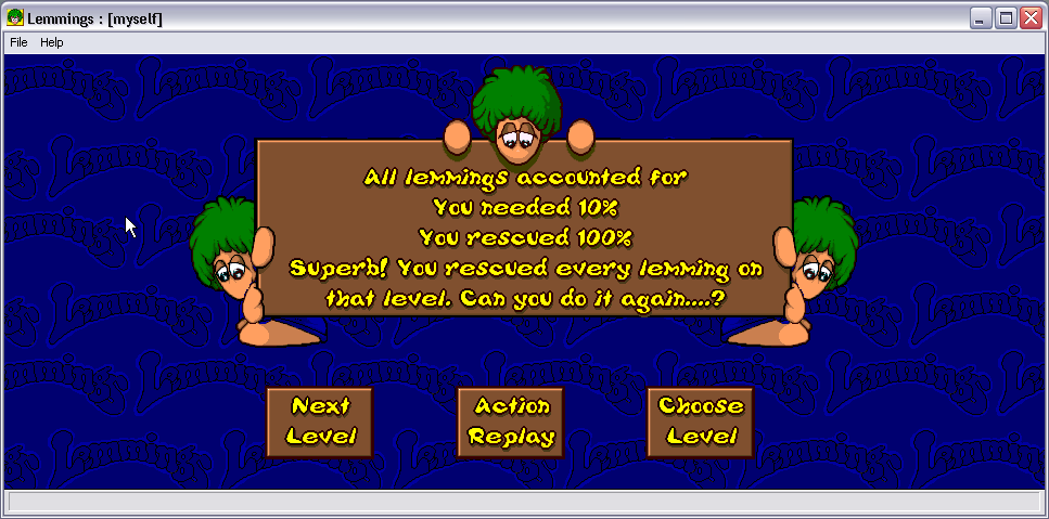 Lemmings for Windows 95 & Lemmings Paintball (Windows) screenshot: Like all other lemmings games, in the end of the map there is a small summary.