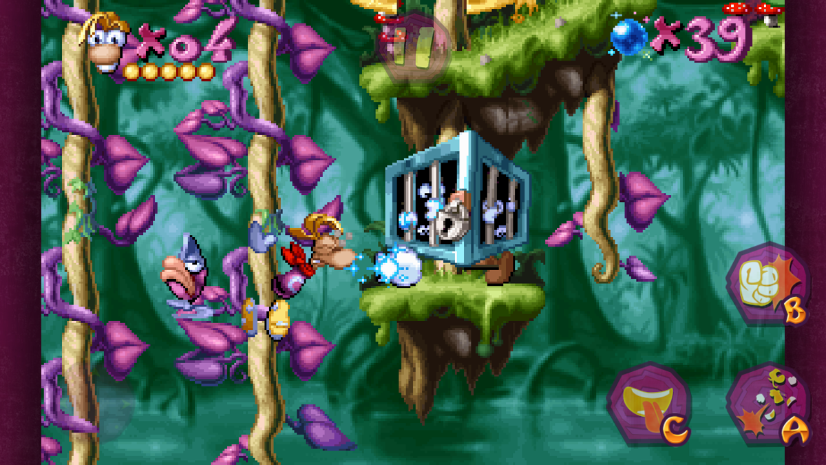 Rayman (Android) screenshot: Destroying one of many, many cages