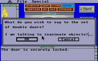 Shadowgate (Atari ST) screenshot: Attempting to converse with the brightest bulbs in the room