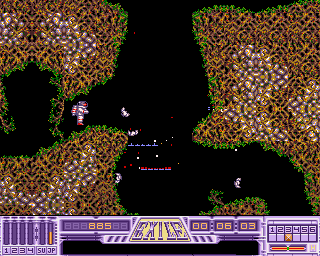 Exile (Amiga) screenshot: Using the grenade to blast through a door