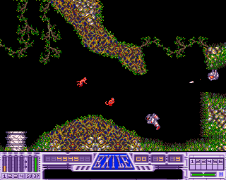 Exile (Amiga) screenshot: Imps on the left, turret on the right